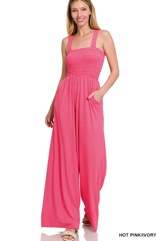 Smocked Striped Jumpsuit