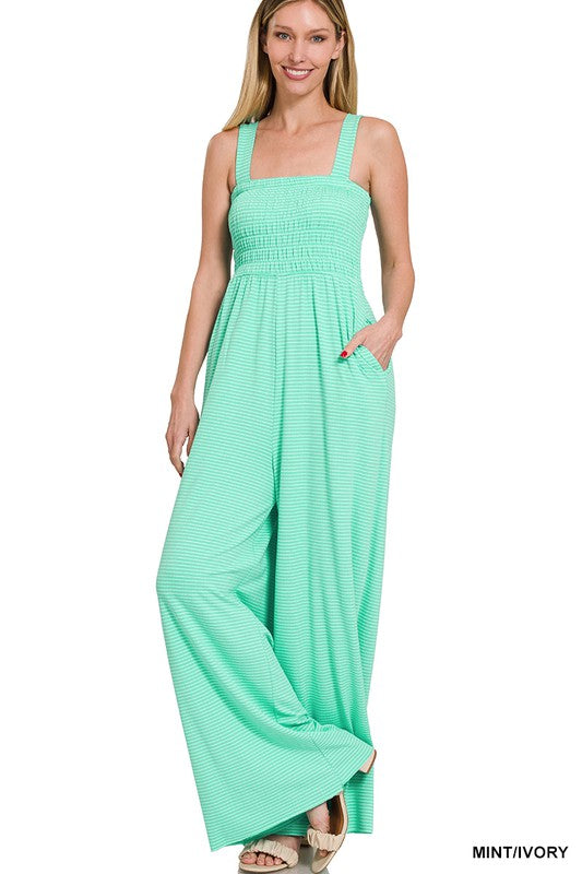 Smocked Striped Jumpsuit