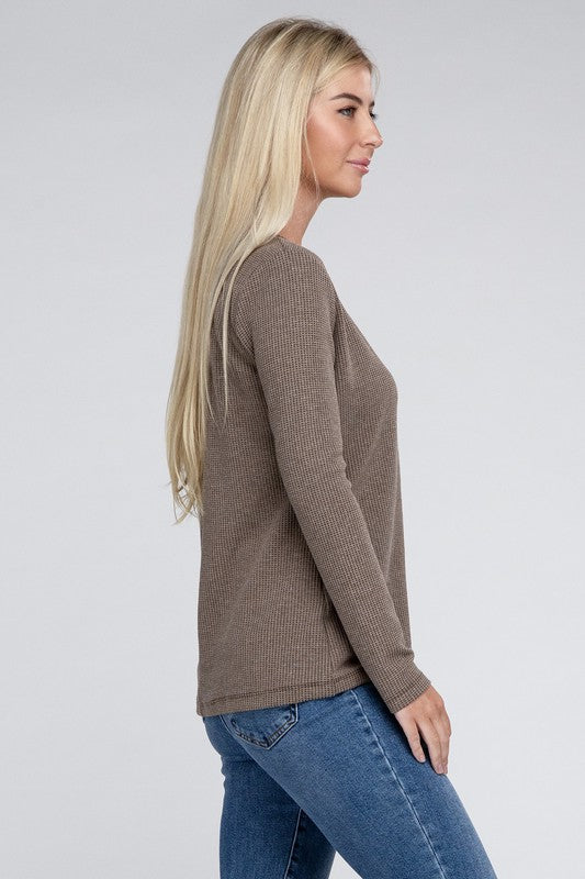 Melange Waffle V-Neck Long Sleeve Top