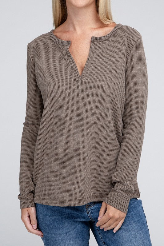 Melange Waffle V-Neck Long Sleeve Top