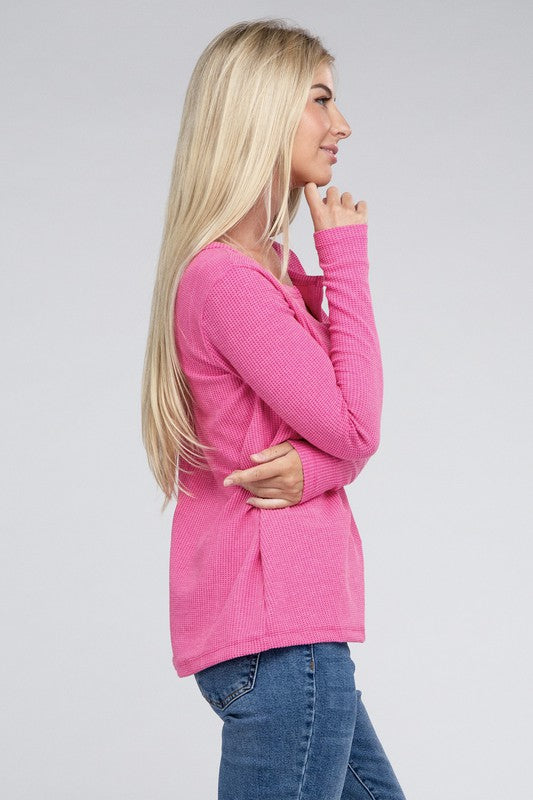 Melange Waffle V-Neck Long Sleeve Top