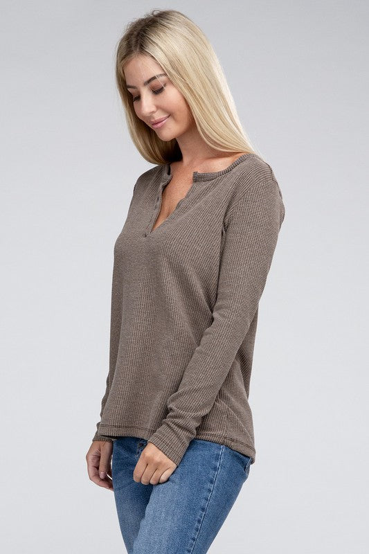 Melange Waffle V-Neck Long Sleeve Top