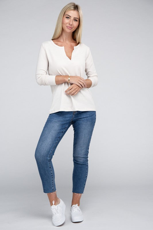 Melange Waffle V-Neck Long Sleeve Top