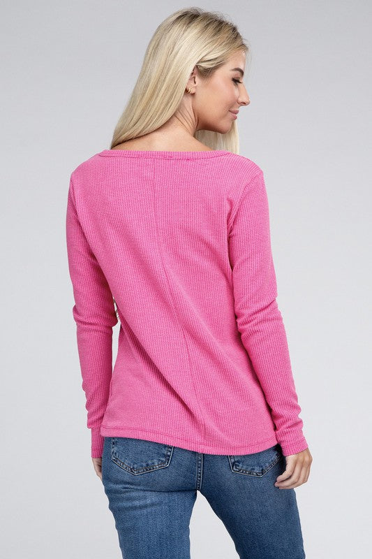 Melange Waffle V-Neck Long Sleeve Top