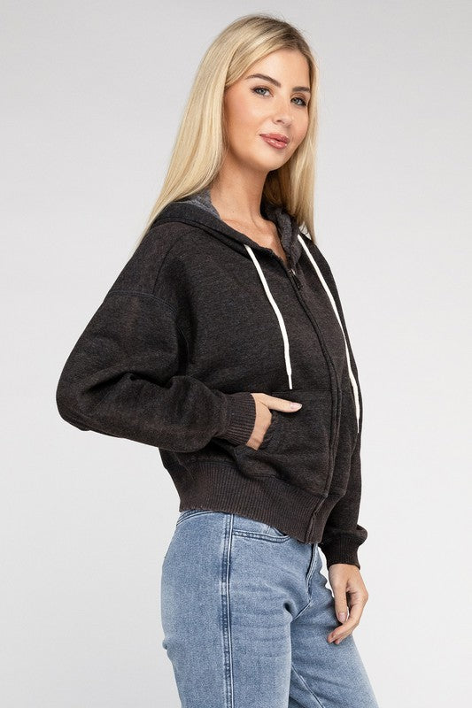 Fleece Cropped Zip-Up Hoodie