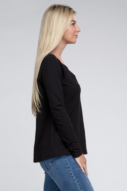 Melange Waffle V-Neck Long Sleeve Top