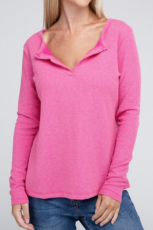 Melange Waffle V-Neck Long Sleeve Top