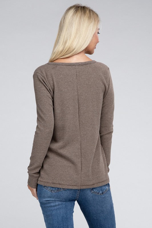 Melange Waffle V-Neck Long Sleeve Top