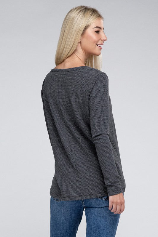 Melange Waffle V-Neck Long Sleeve Top