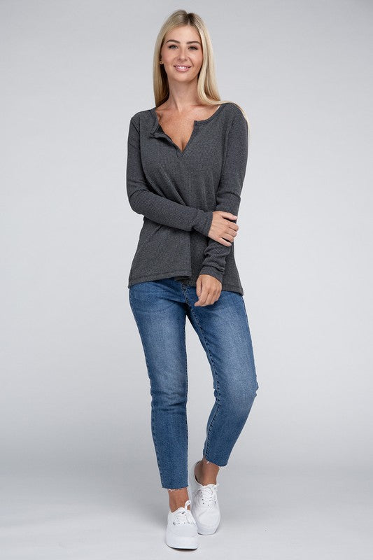 Melange Waffle V-Neck Long Sleeve Top