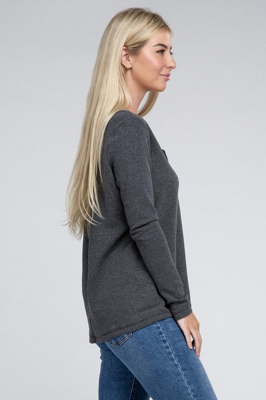 Melange Waffle V-Neck Long Sleeve Top