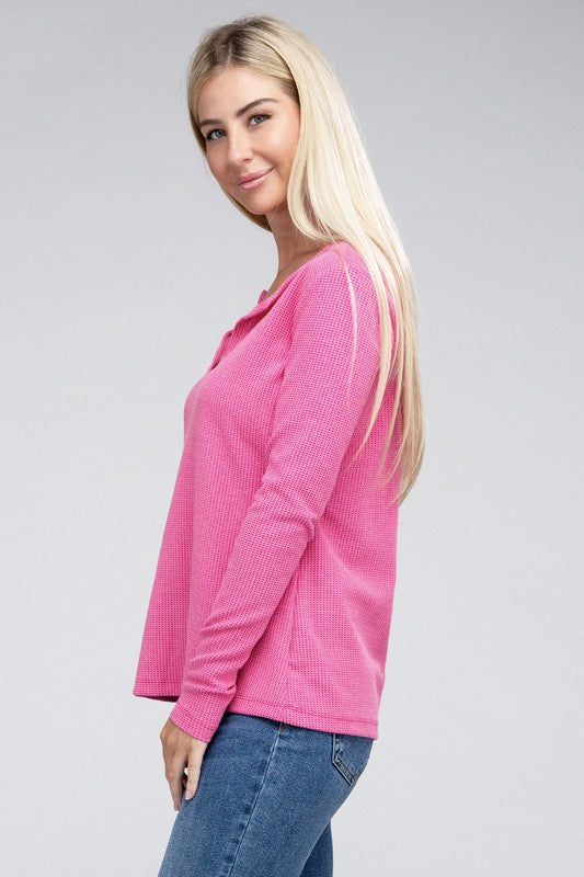 Melange Waffle V-Neck Long Sleeve Top