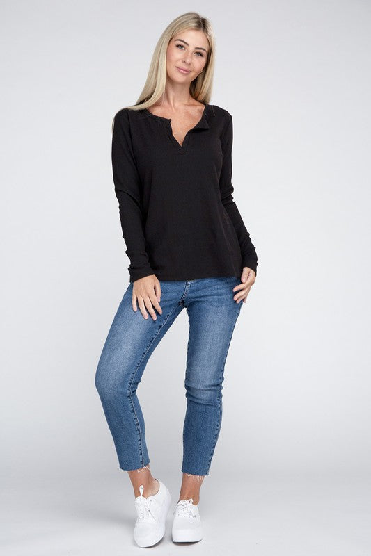 Melange Waffle V-Neck Long Sleeve Top
