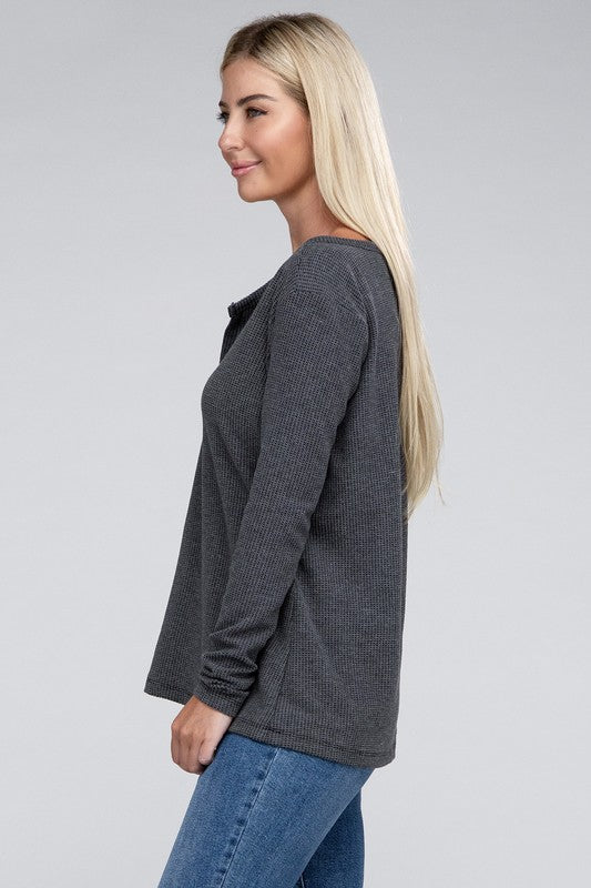 Melange Waffle V-Neck Long Sleeve Top