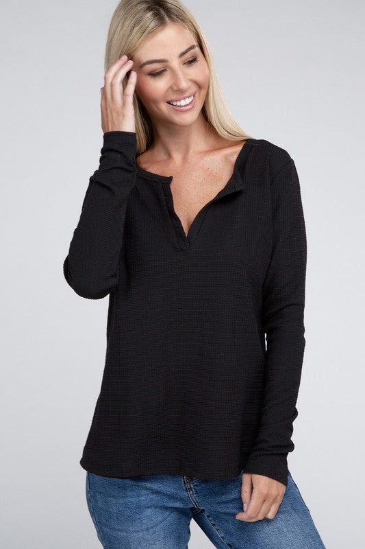 Melange Waffle V-Neck Long Sleeve Top