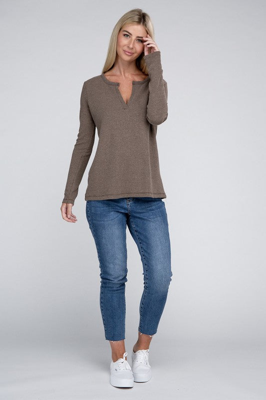 Melange Waffle V-Neck Long Sleeve Top