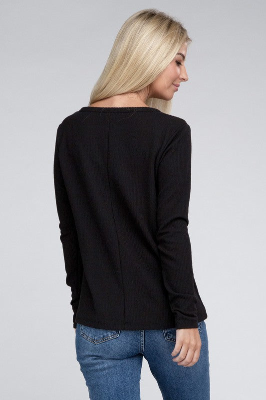 Melange Waffle V-Neck Long Sleeve Top