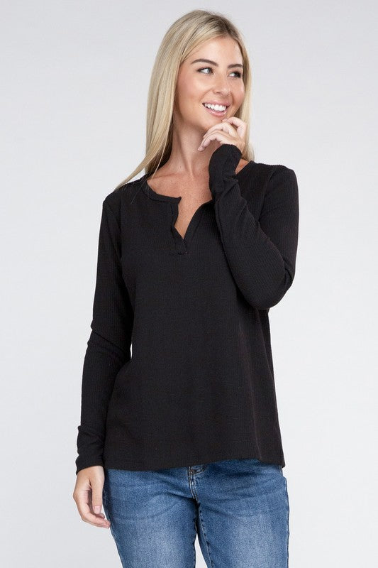 Melange Waffle V-Neck Long Sleeve Top