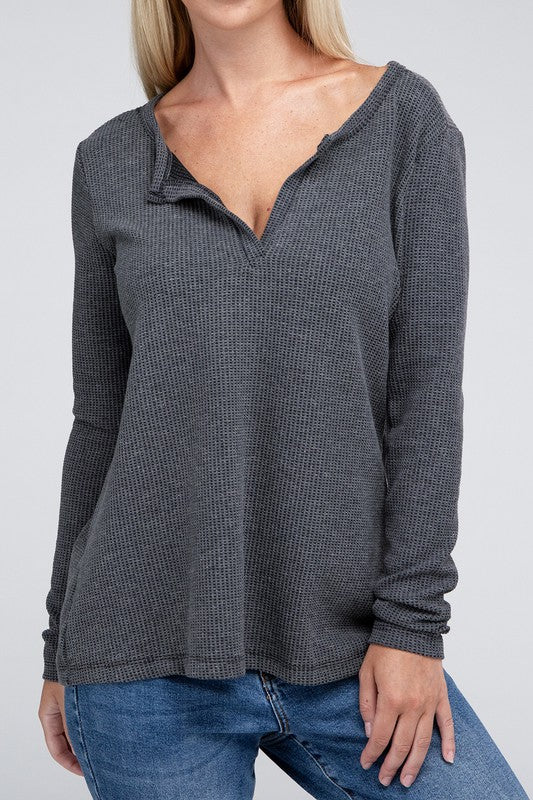 Melange Waffle V-Neck Long Sleeve Top