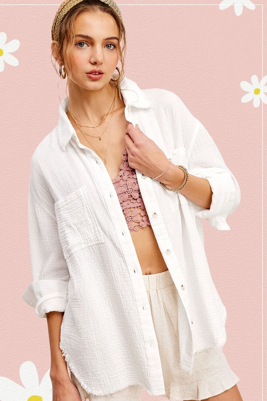 Soft Washed Crinkled Gauze Button Down Shirt