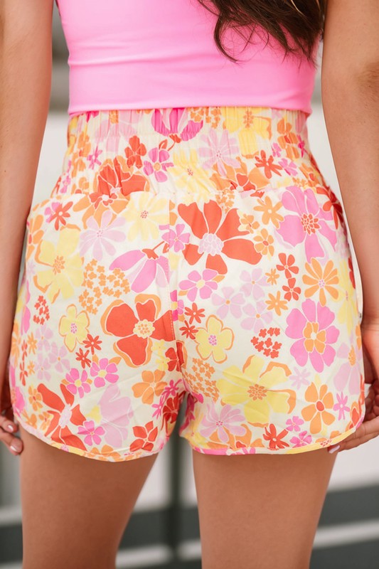 Boho Floral Shirred High Waist Shorts