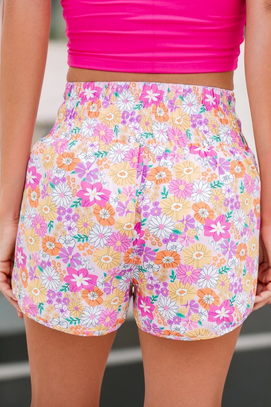 Boho Floral Shirred High Waist Shorts