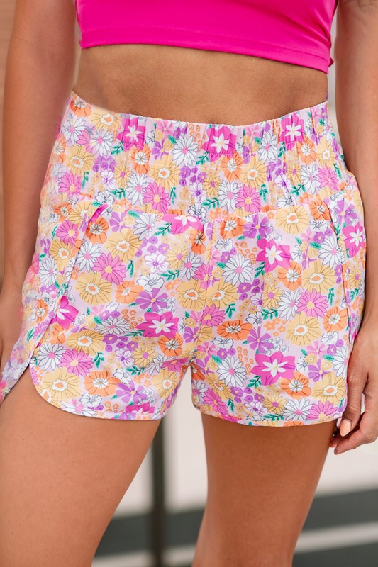 Boho Floral Shirred High Waist Shorts